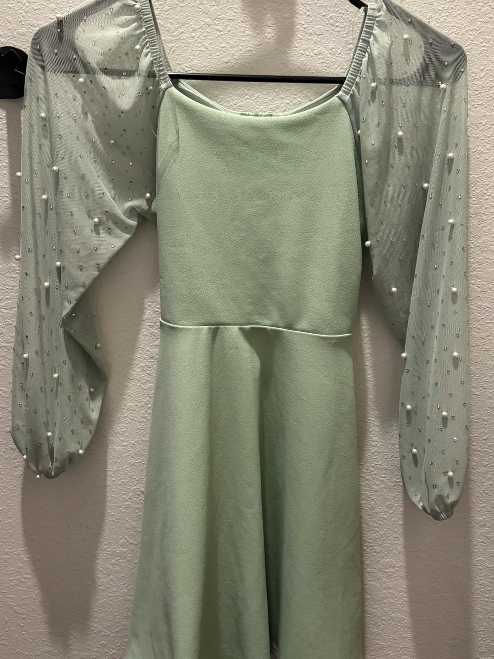 Speechless Mint Green Pearl-Embellished Puff-Sleeve Dress